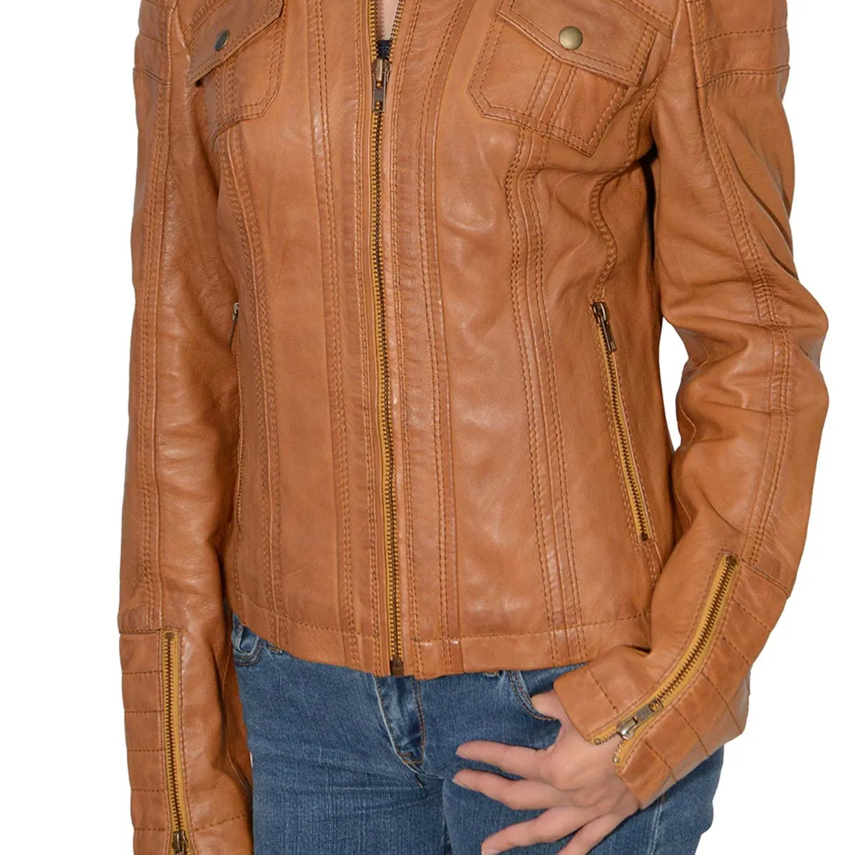 Milwaukee Leather SFL2805 Women's Cognac Quilted Mandarin Collar Fashion Casual Leather Jacket