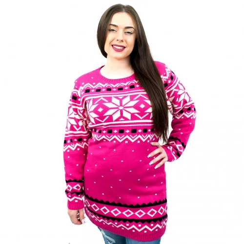 Miss Lulu Ladies Christmas Jumper With Snowflake Pattern - Small Pink | Festive Winter Wear