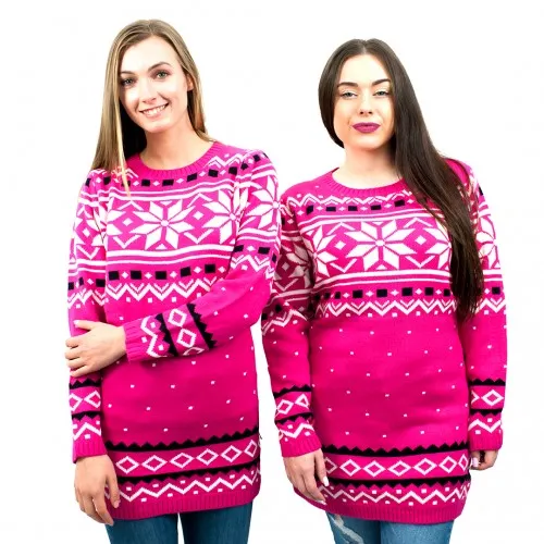 Miss Lulu Ladies Christmas Jumper With Snowflake Pattern - Small Pink | Festive Winter Wear