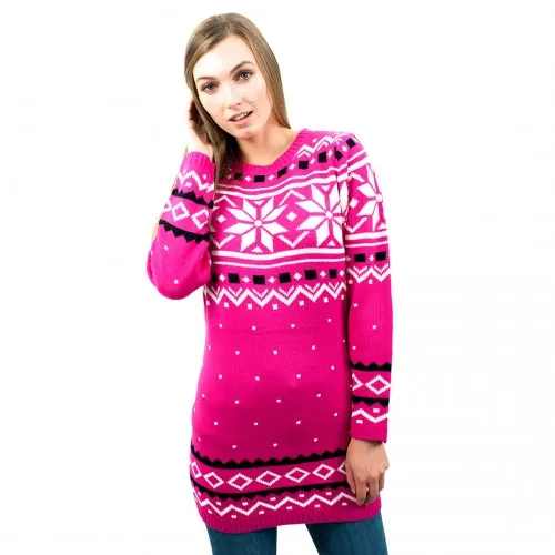 Miss Lulu Ladies Christmas Jumper With Snowflake Pattern - Small Pink | Festive Winter Wear