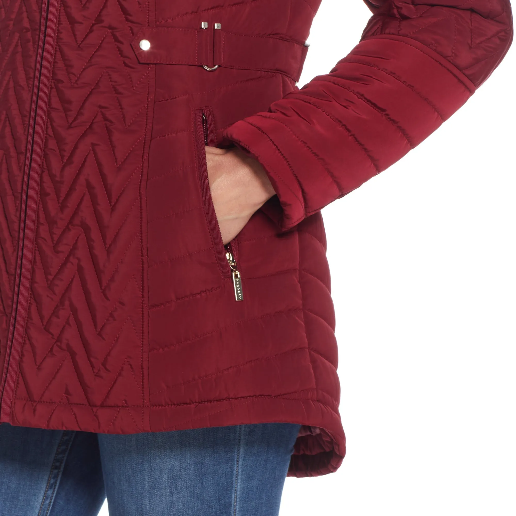 Multi Quilted Side Tab Fur Trim Hood Jacket