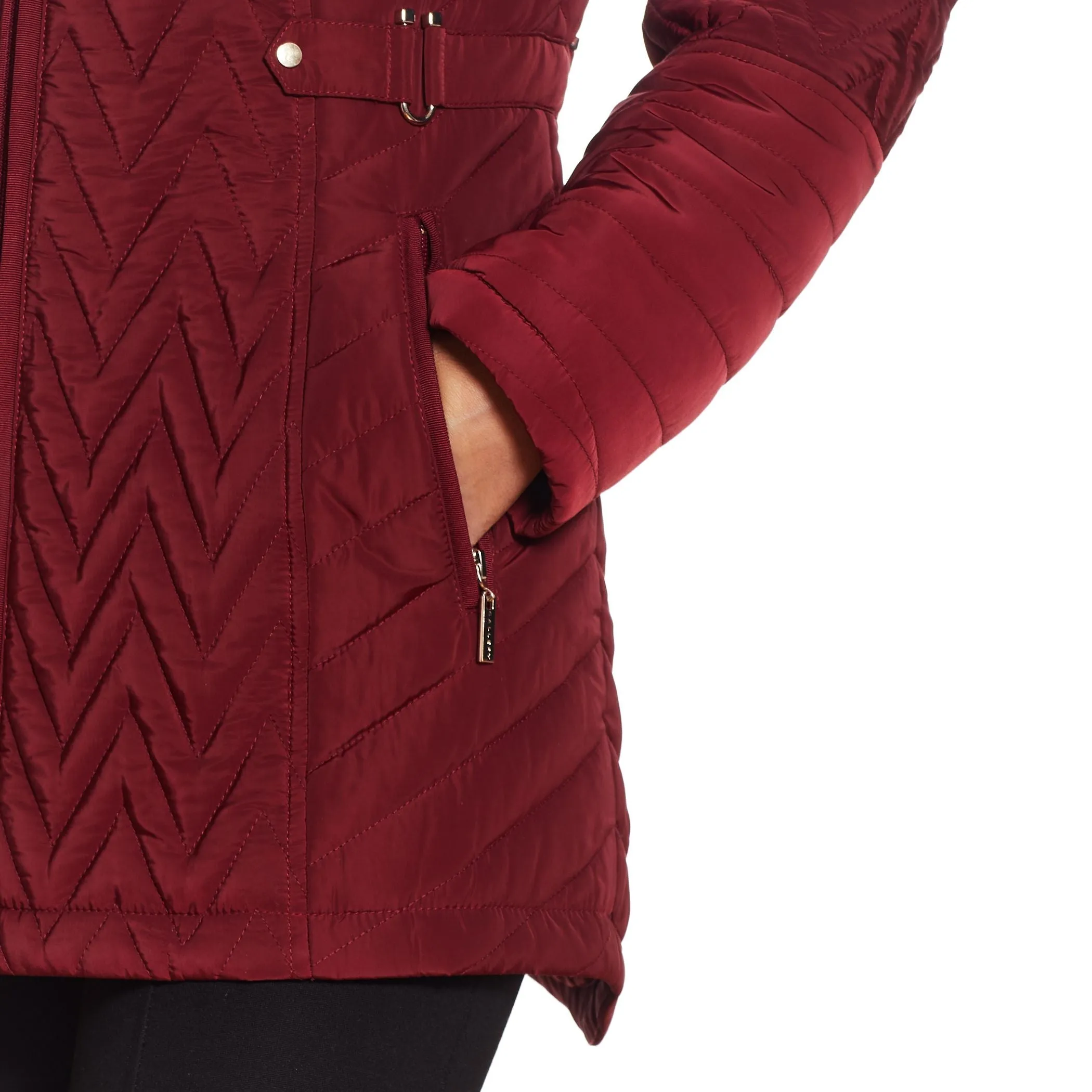 Multi Quilted Side Tab Fur Trim Hood Jacket