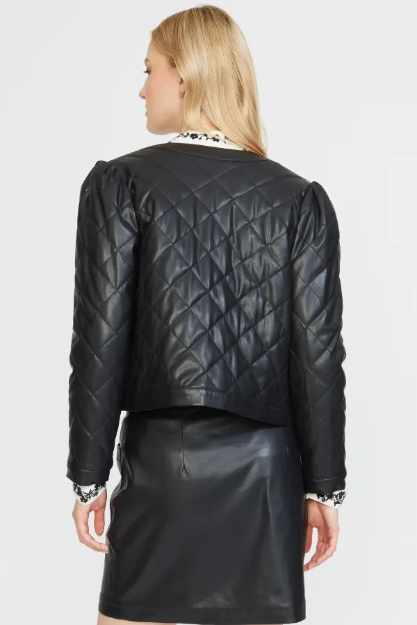 NEW!! Stellah Quilted Vegan Leather Jacket in Black