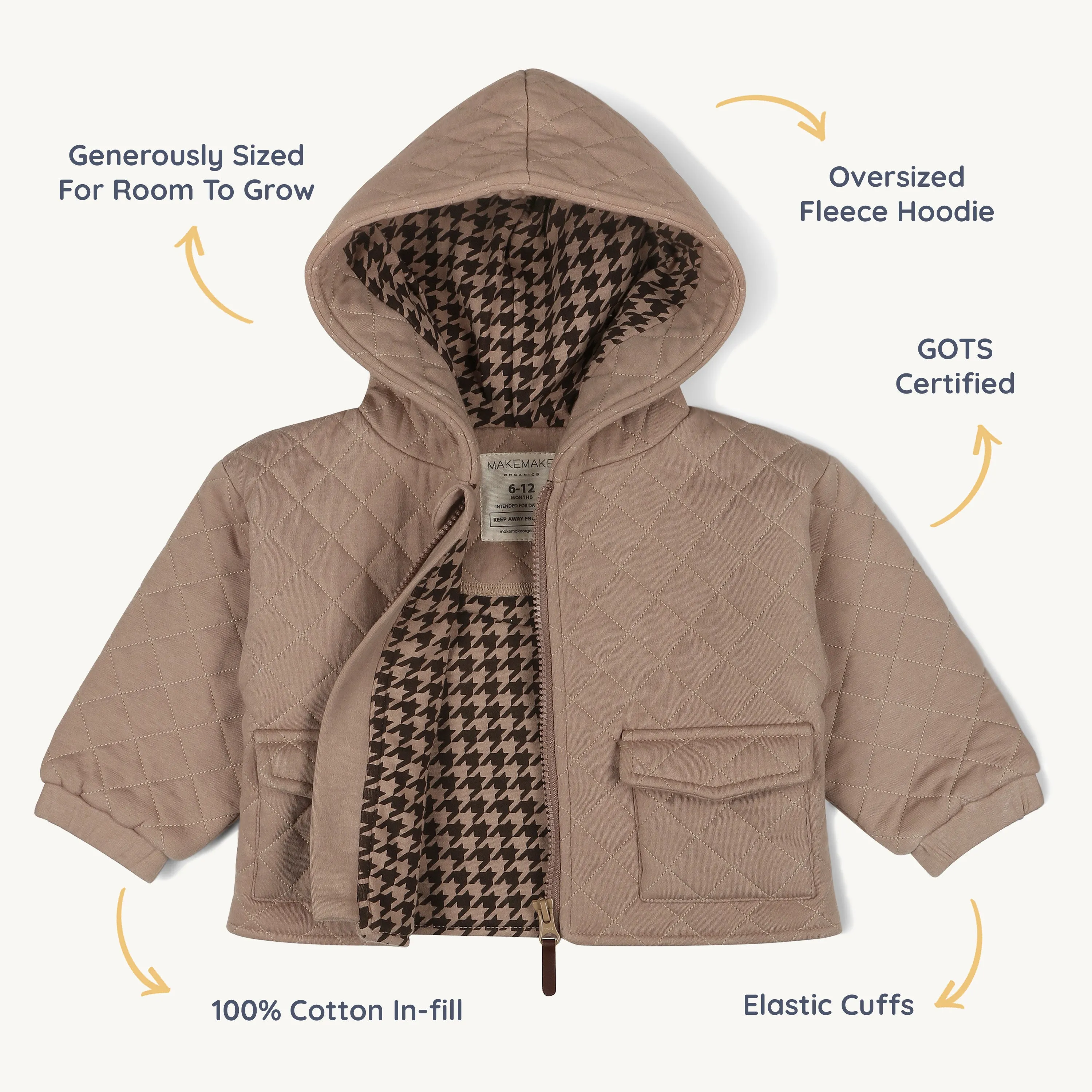 Organic Quilted Hooded Jacket - Taupe