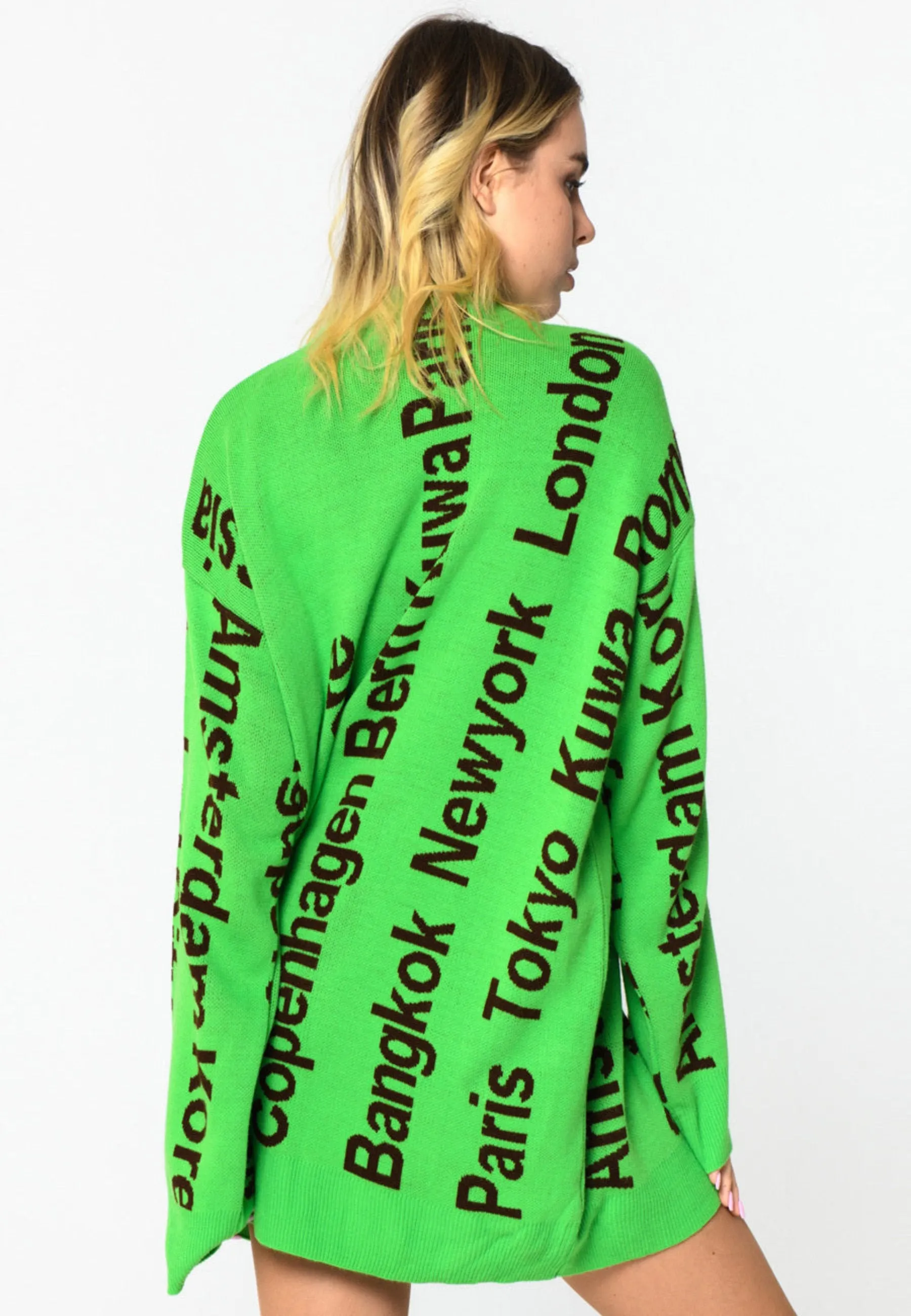 Oversized City Print Knit Sweater - Green