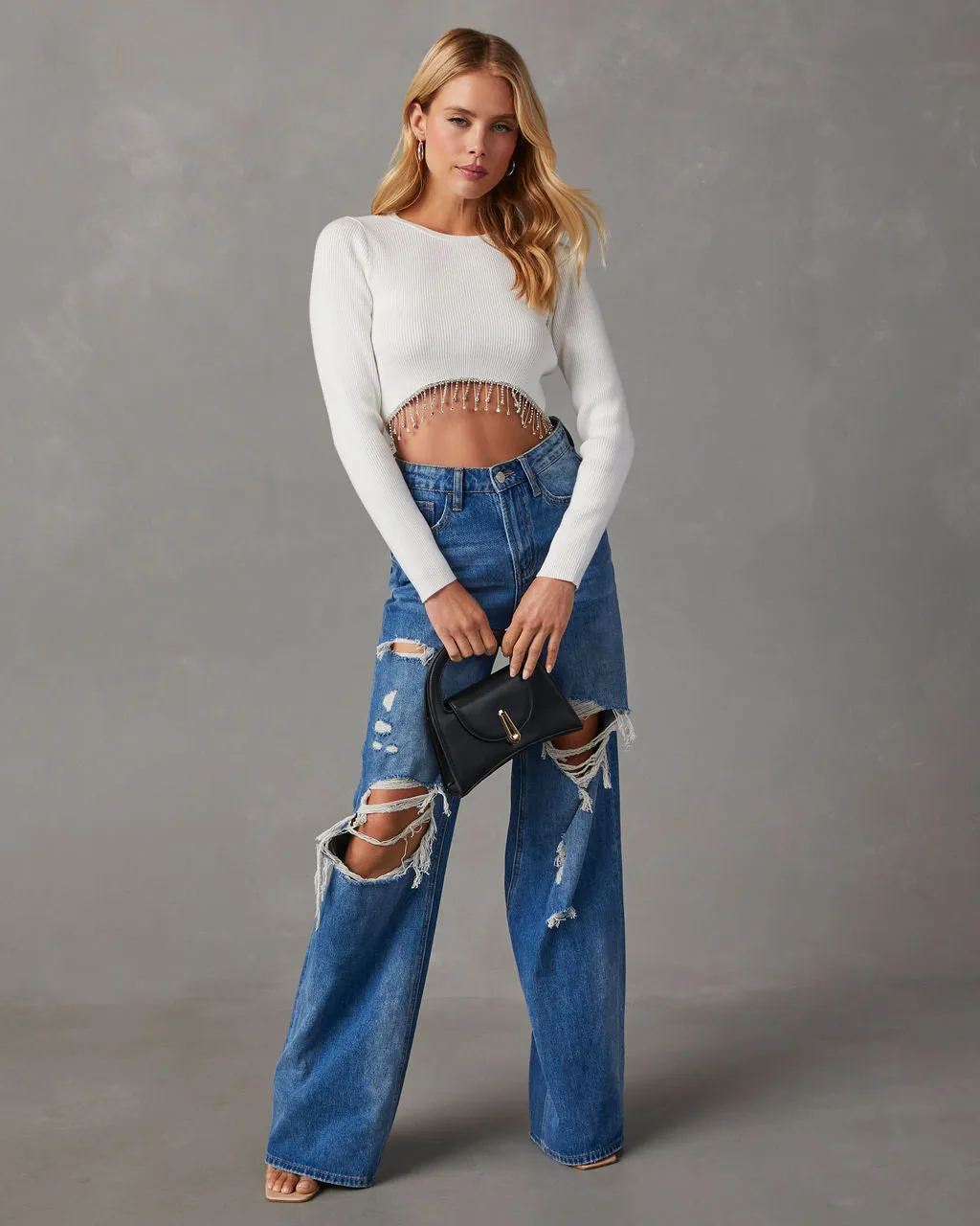 Ozzie Rhinestone Hem Crop Sweater