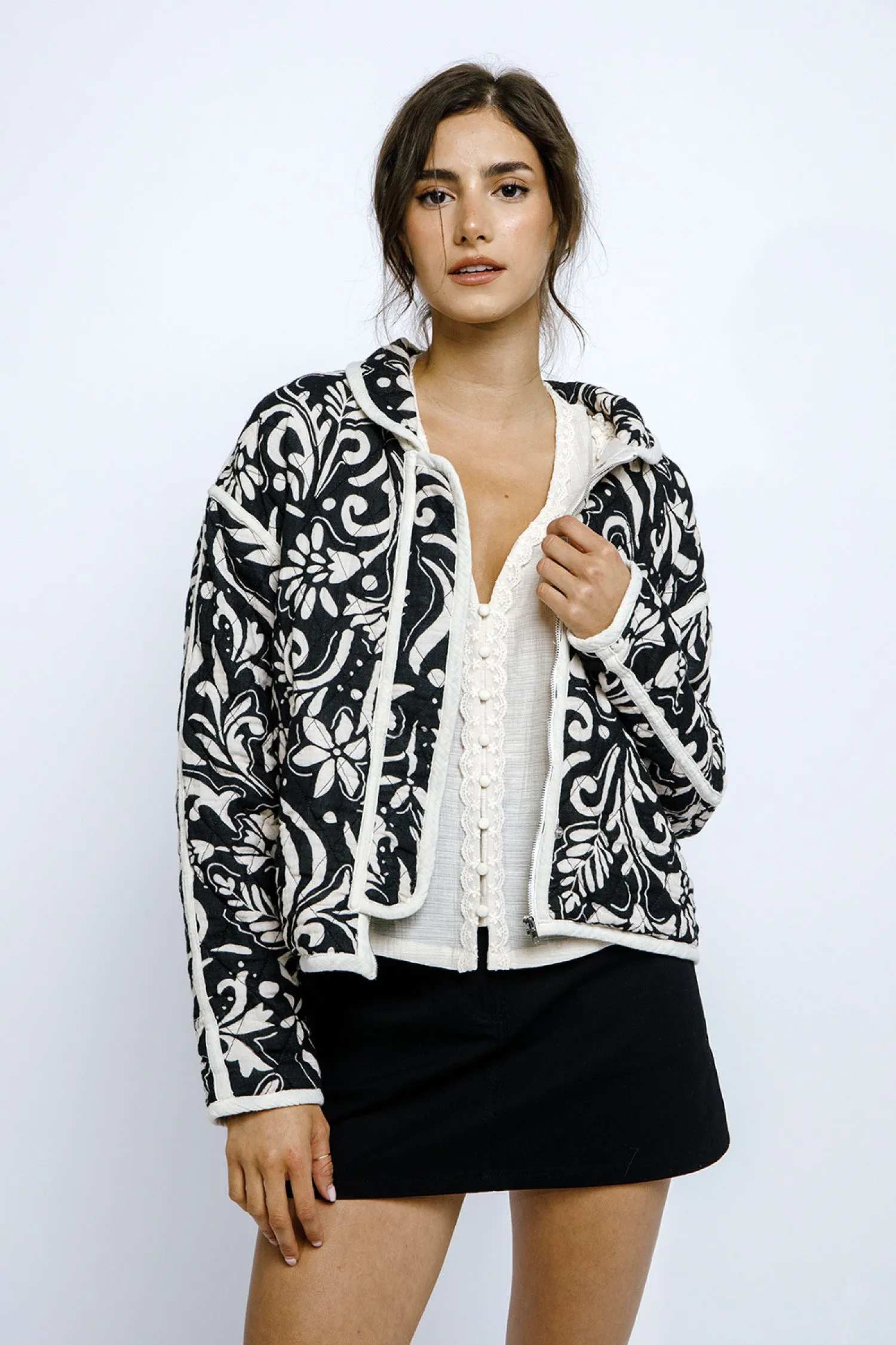 Paisley Print Quilted Jacket Black White