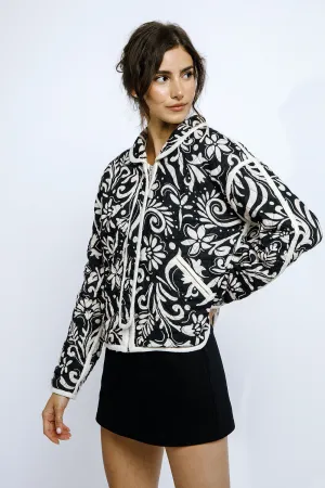 Paisley Print Quilted Jacket Black White