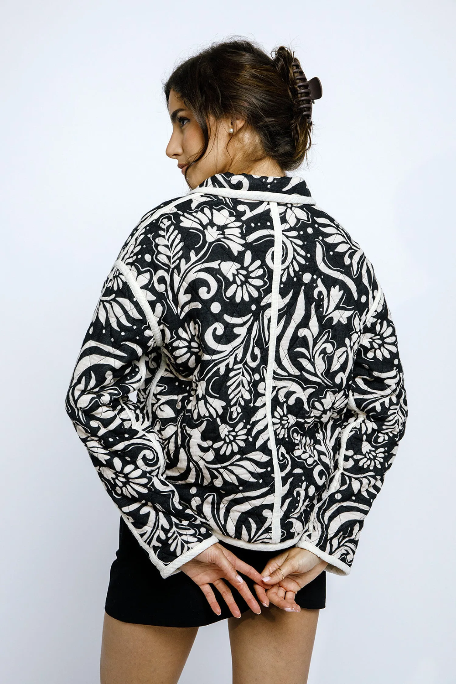 Paisley Print Quilted Jacket Black White