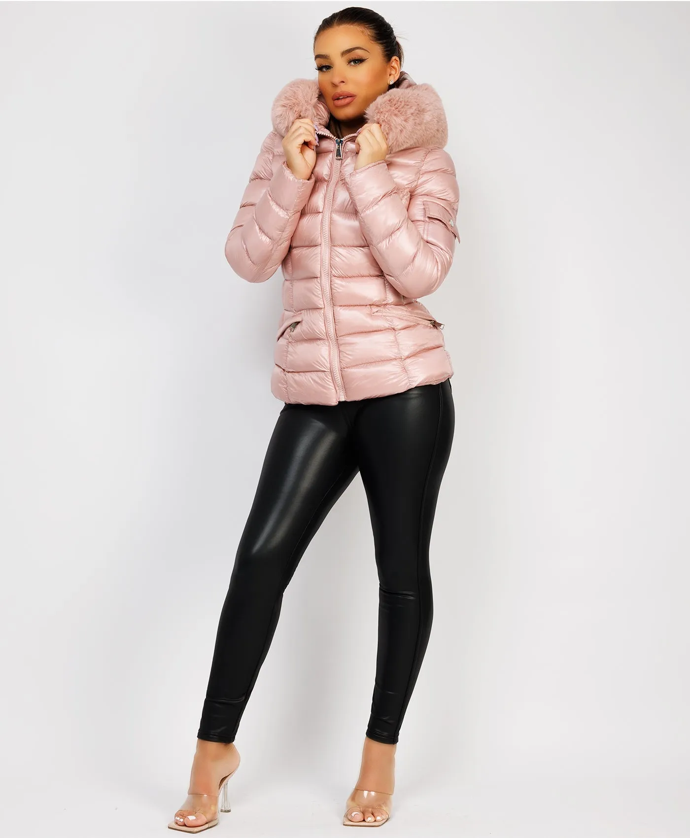 Pink Wet Look Shiny Puffer Jacket with Faux Fur Hood