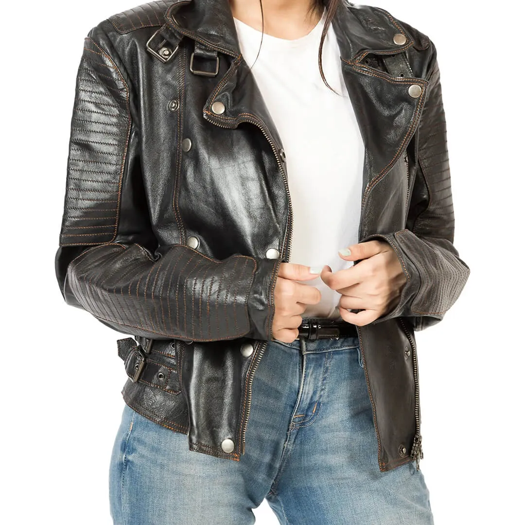 Quilted Leather Biker Jacket with Asymmetrical Zip