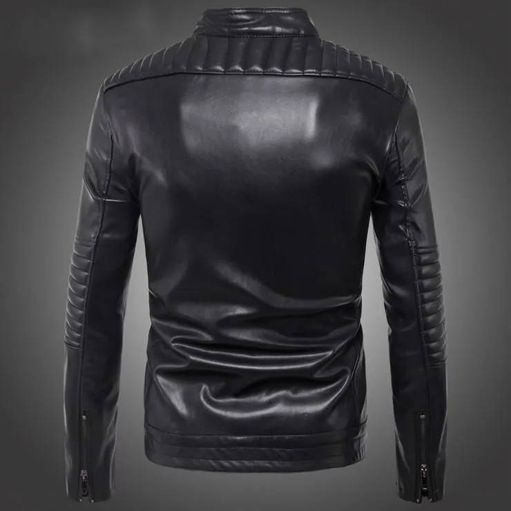 Quilted Shoulder and Sleeves Biker Style Men Pu Leather JAcket