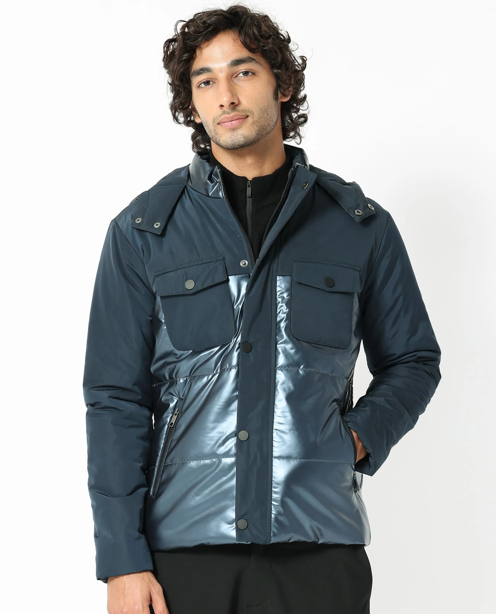 Rare Rabbit Men's Ragon Dark Blue Two-Tone With Detachable Hood Metallic Jacket