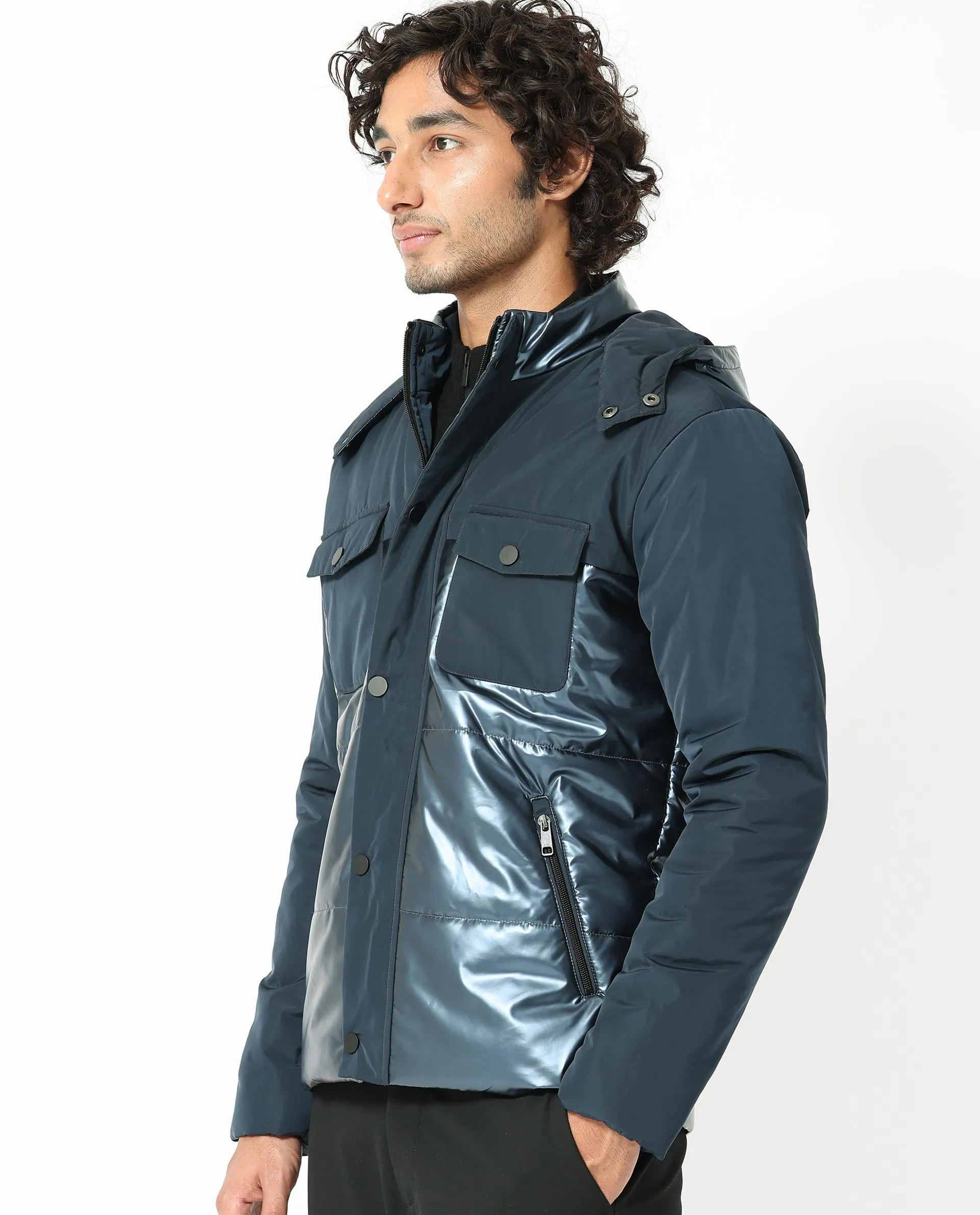 Rare Rabbit Men's Ragon Dark Blue Two-Tone With Detachable Hood Metallic Jacket