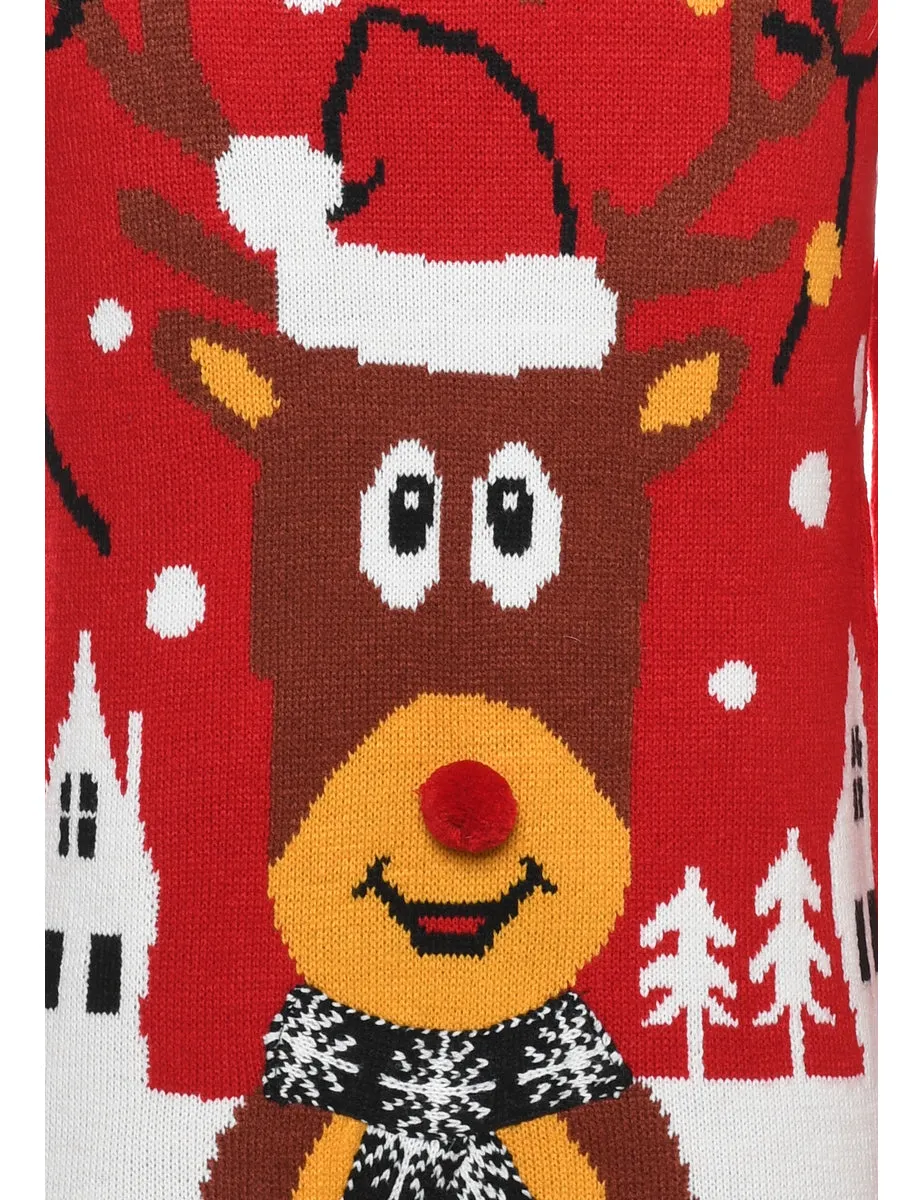 Reindeer Design Red Christmas Jumper - M