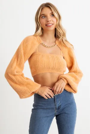 Ribbed Knit Crop Top & Long Sleeve Gold Chain Bolero Set