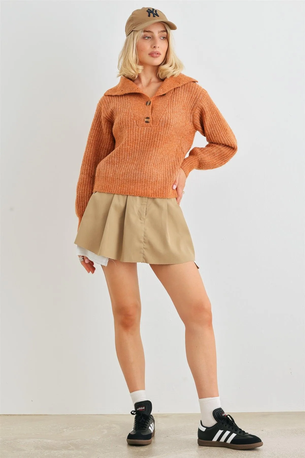 Rust Wool Knit Button-Up Neck Crop Sweater Pullover