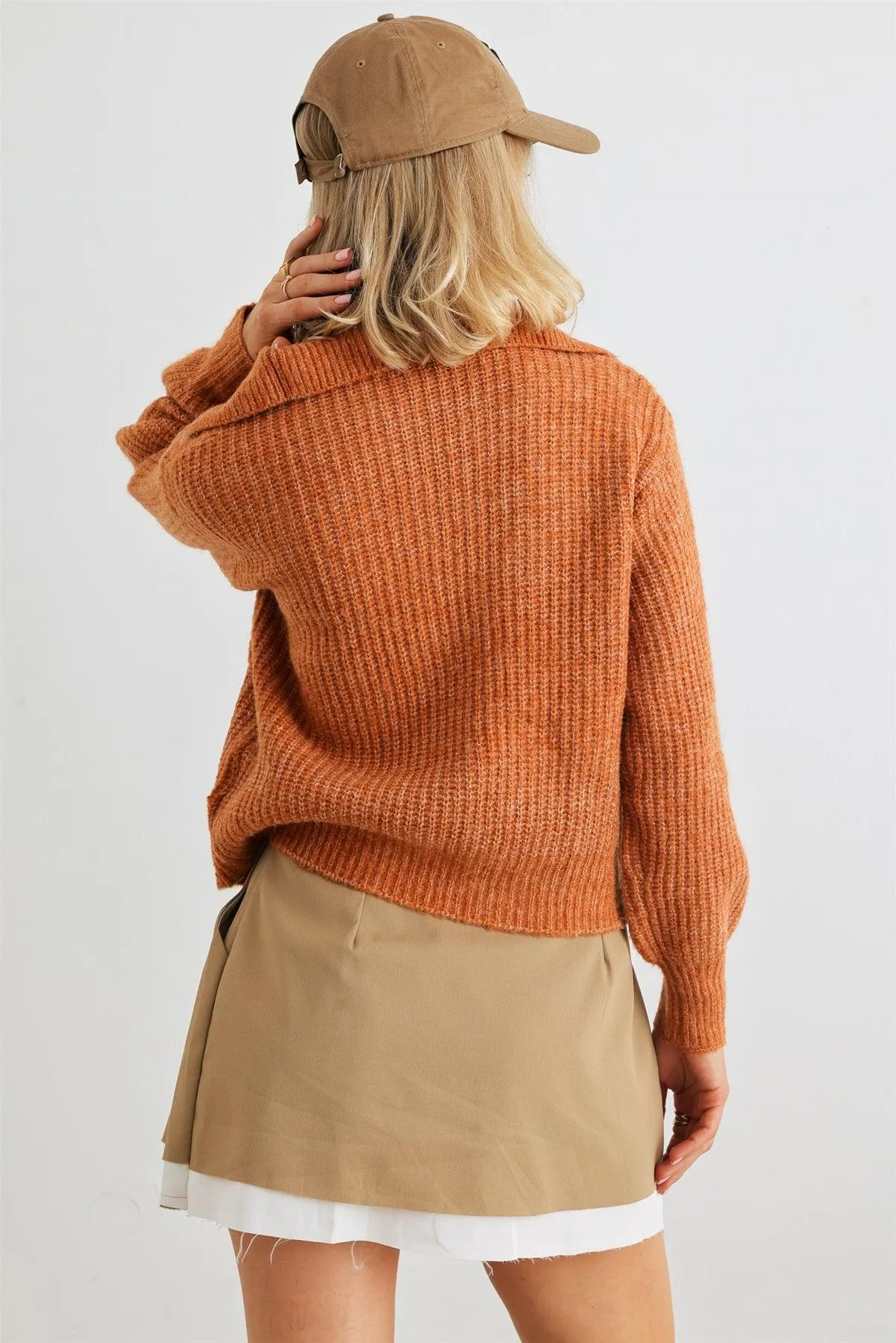 Rust Wool Knit Button-Up Neck Crop Sweater Pullover