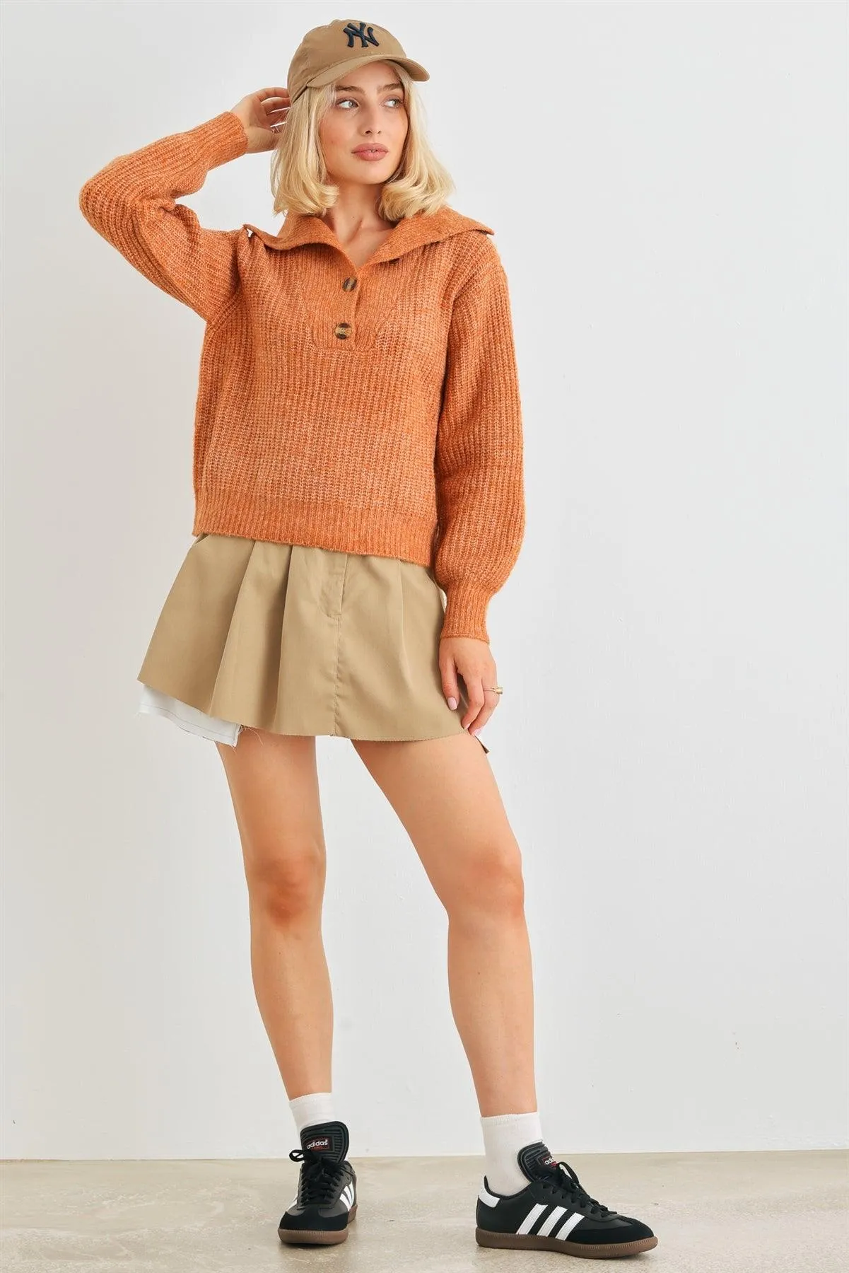 Rust Wool Knit Button-Up Neck Crop Sweater Pullover