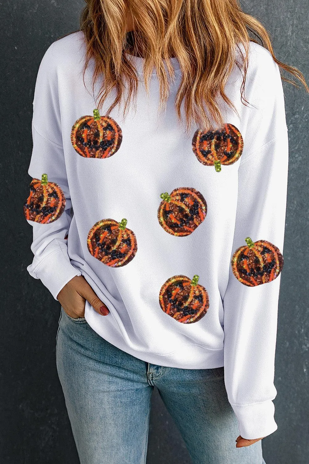 Sequin Halloween Orange Pumpkins Sweatshirt