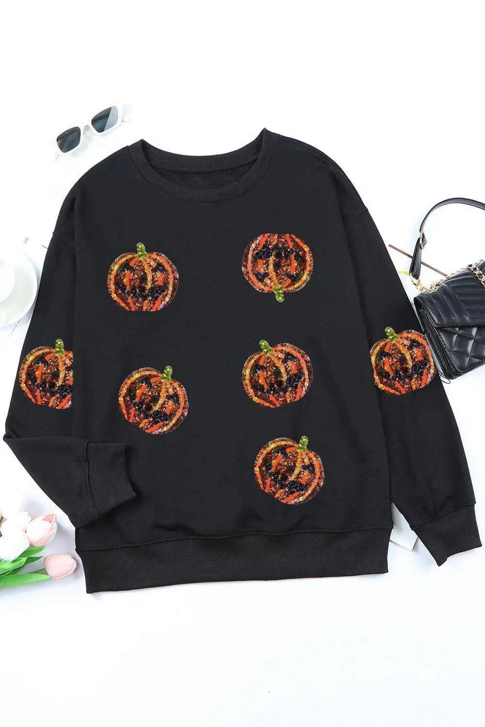 Sequin Halloween Orange Pumpkins Sweatshirt