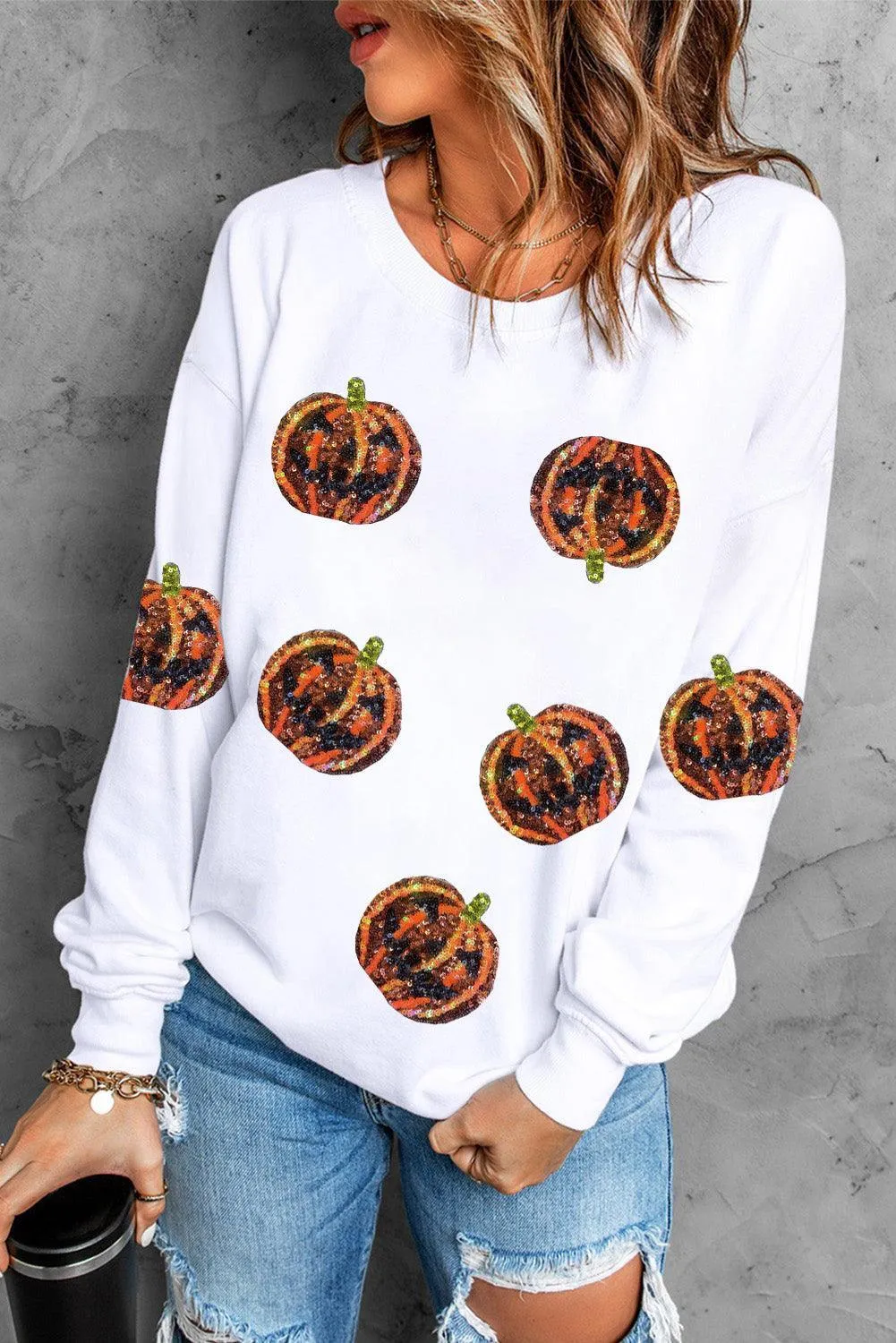 Sequin Halloween Orange Pumpkins Sweatshirt