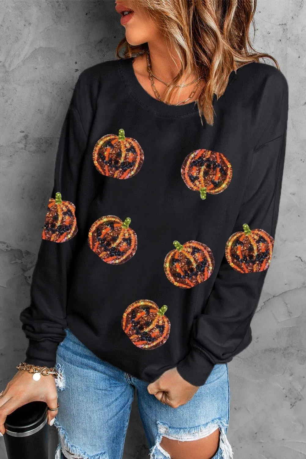 Sequin Halloween Orange Pumpkins Sweatshirt