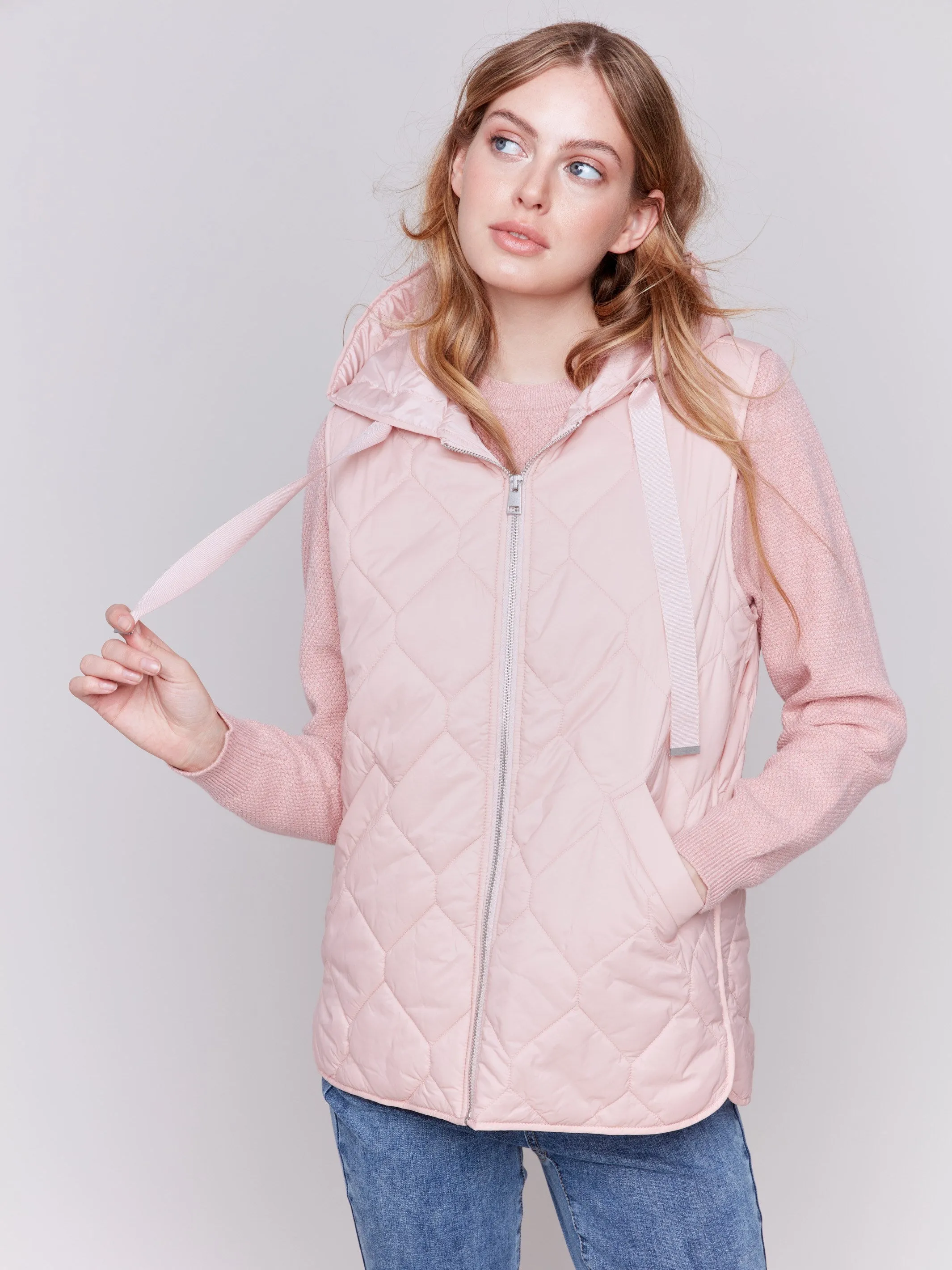 Short Quilted Puffer Vest with Hood - Quartz