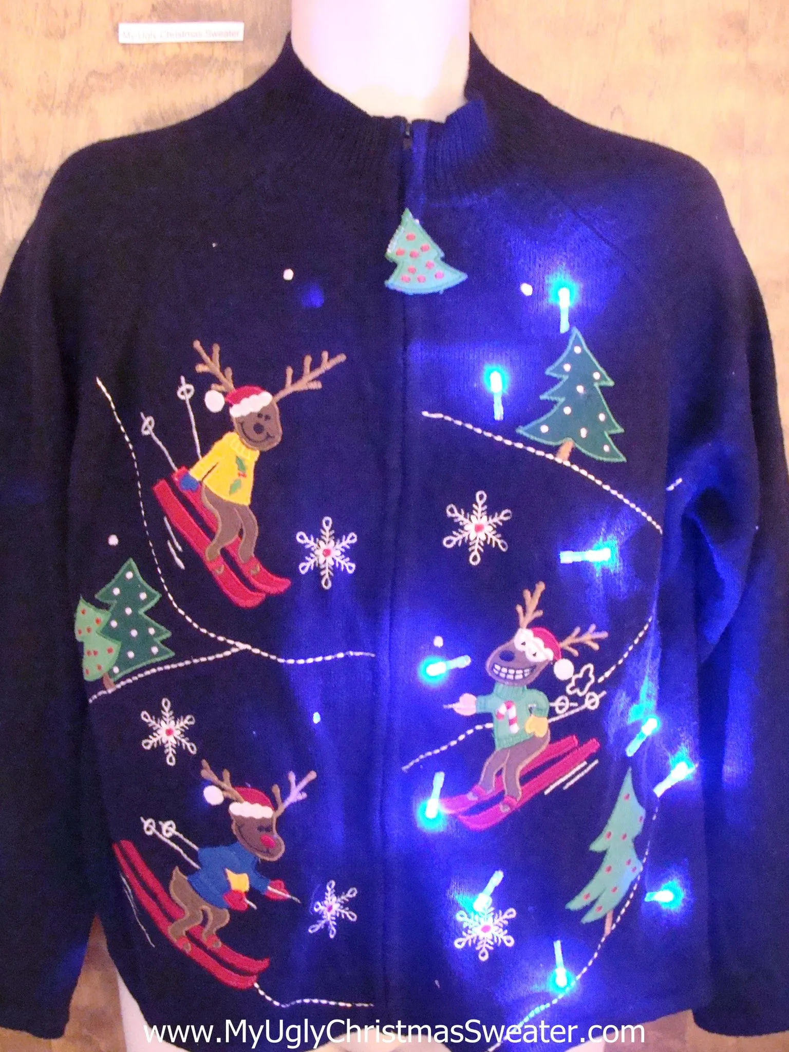 Skiing Reindeer Light Up Cheesy Christmas Sweater