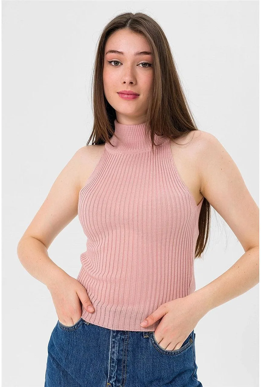 Sleeveless Mock Turtleneck Ribbed Knit Tank Top -  Powder Color | Slim Fit Crop Top for Stylish Layering