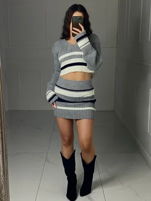 Striped Cropped Knitted Jumper & Skirt Set - Grey/White Contrast