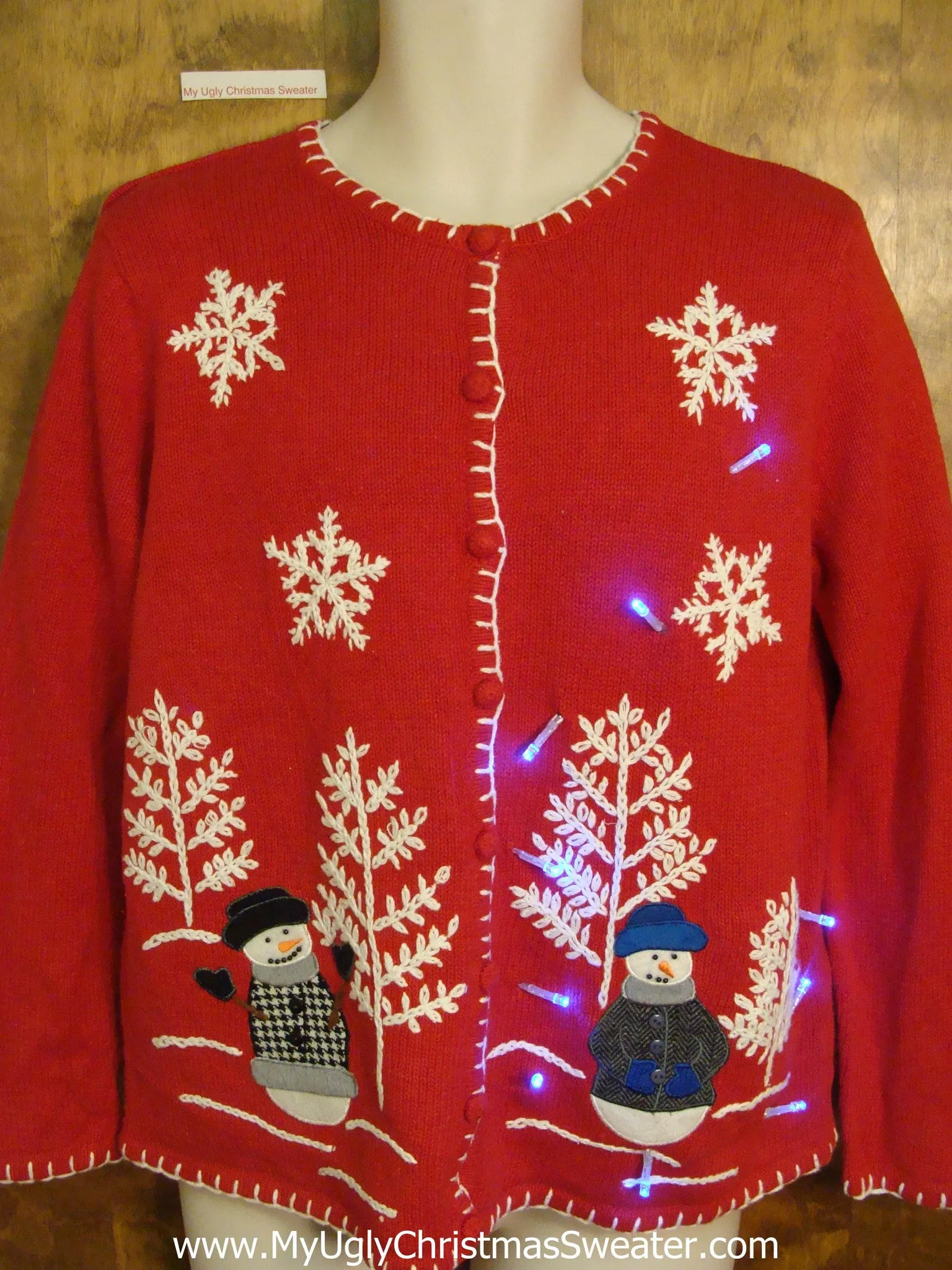 Super Cute Red Light Up Ugly Xmas Sweater with Snowmen