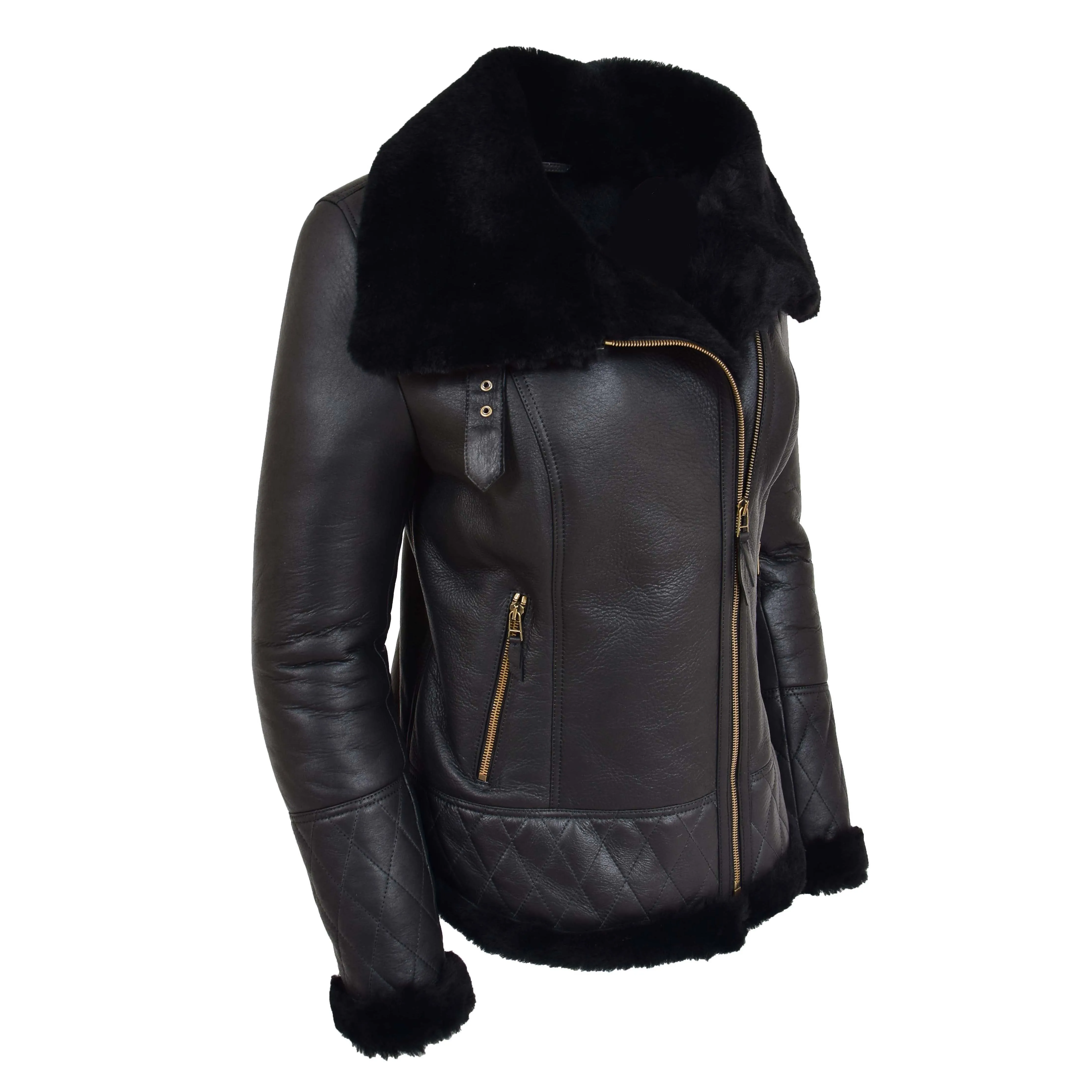 Super Luxurious Womens Real Sheepskin Jacket Aviator Coat Alexa Black