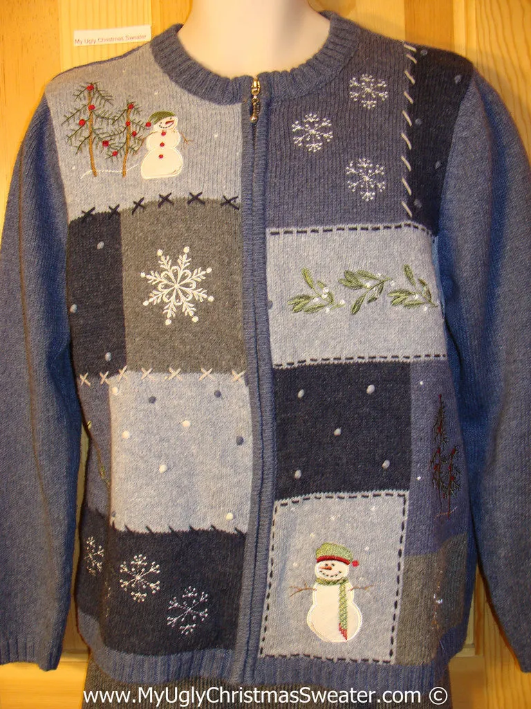 Tacky Cheap Cheesy Holiday Sweater with Patchwork of Snowflakes and Snowman Friends (f1119)