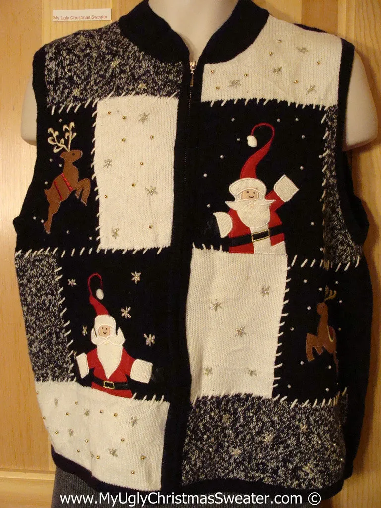 Tacky Christmas Sweater Party Ugly Sweater Vest with Patchwork Themed Santa and Reindeer (f931)