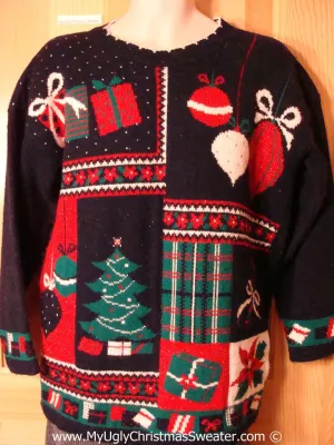 Tacky Holiday Sweater 80s Classic with Crafty Plaid Accents (f1026)