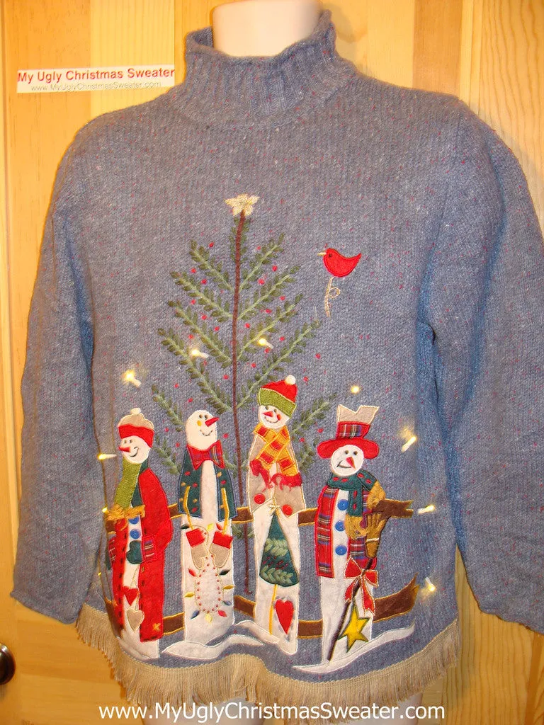 Tacky Ugly Christmas Sweater Snowman Family with Lights and Fringe (g57)