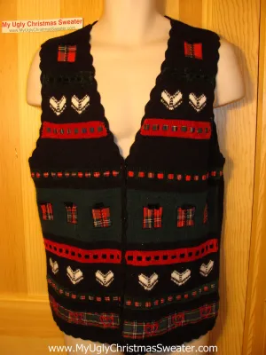 Tacky Ugly Christmas Sweater Vest Crafty Hearts and Plaids (f130)