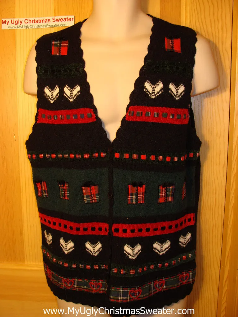 Tacky Ugly Christmas Sweater Vest Crafty Hearts and Plaids (f130)