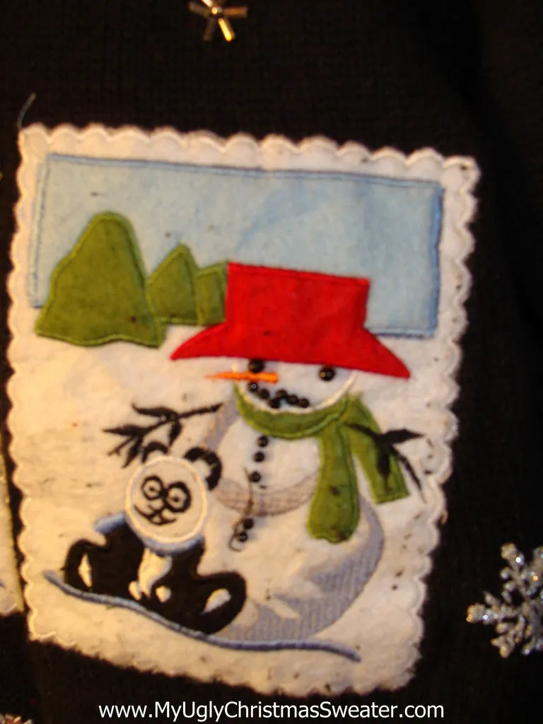 Tacky Ugly Christmas Sweater Vest with Postcard Theme Snowmen & Snowflakes (f96)