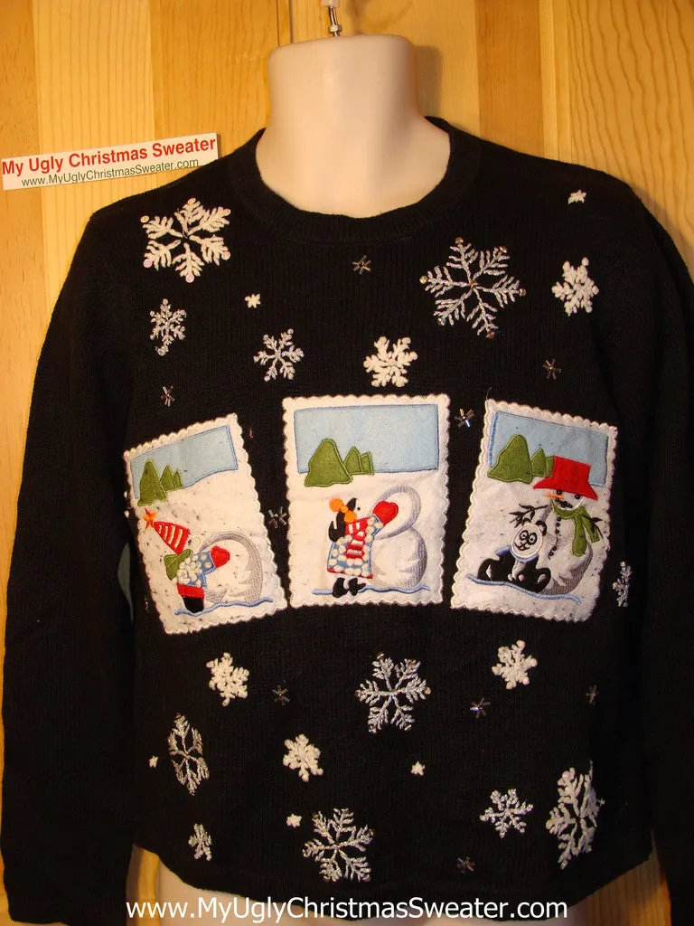 Tacky Ugly Christmas Sweater Vest with Postcard Theme Snowmen & Snowflakes (f96)