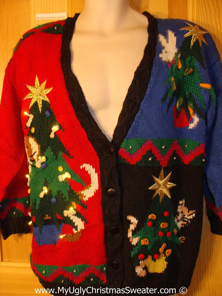 Tacky Ugly Christmas Sweater with Bunny, Cat, Mouse (all with their own food decorations!) and with Lights  (g117)