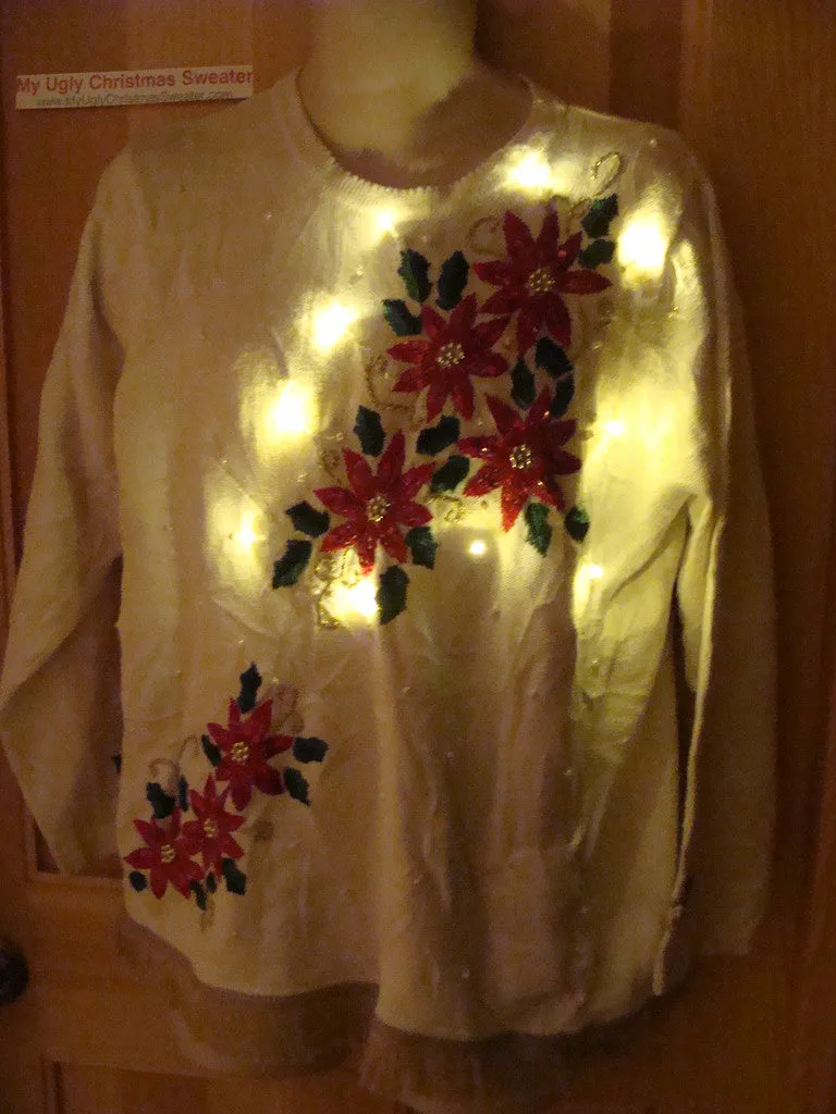 Tacky Ugly Christmas Sweater with Lights and Fringe. Bright Poinsettias. (g39)