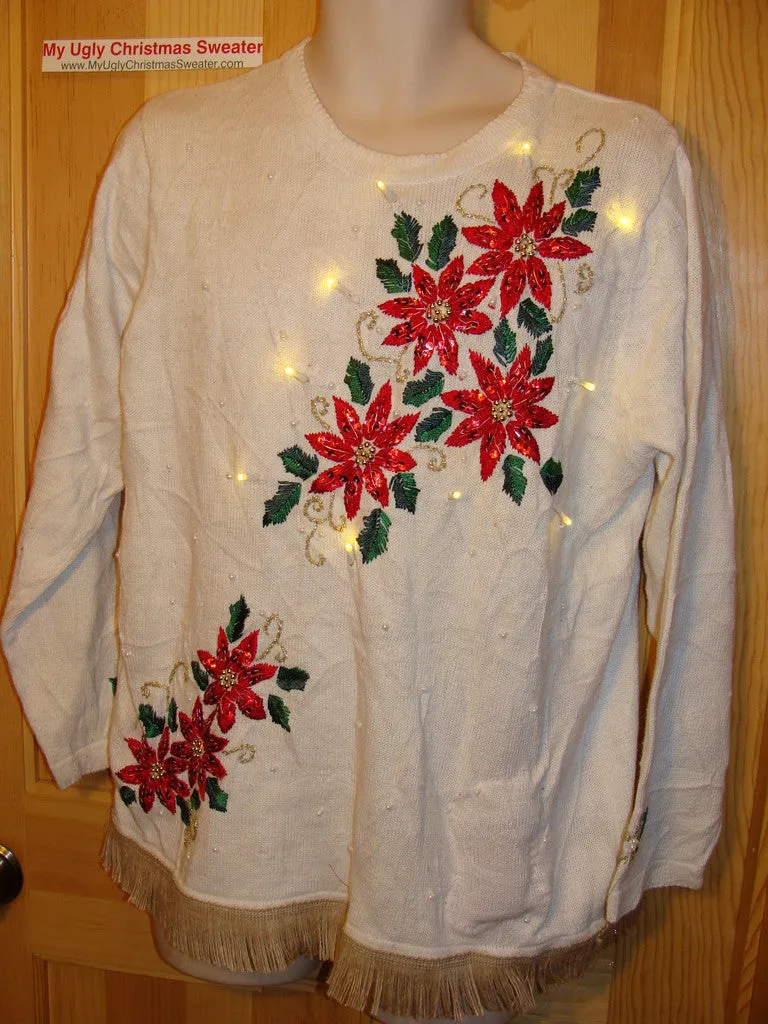 Tacky Ugly Christmas Sweater with Lights and Fringe. Bright Poinsettias. (g39)