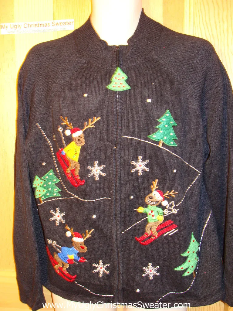 Tacky Ugly Christmas Sweater  with Skiing Reindeer in a Winter Wonderland (f159)