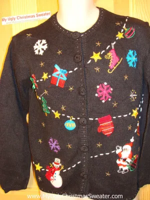 Tacky Ugly Christmas Sweater with Snowflakes, Santa, Snowman and a Skate (f20)