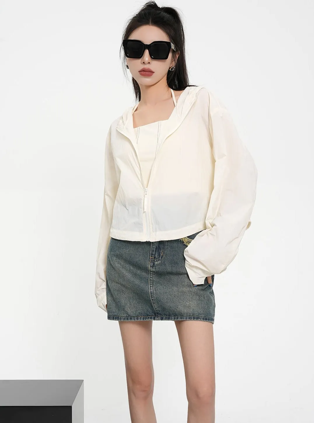 Textured Contrast Duo: Ivory Puff-Sleeve Crop Blouse & Black Quilted Bomber Jacket Set