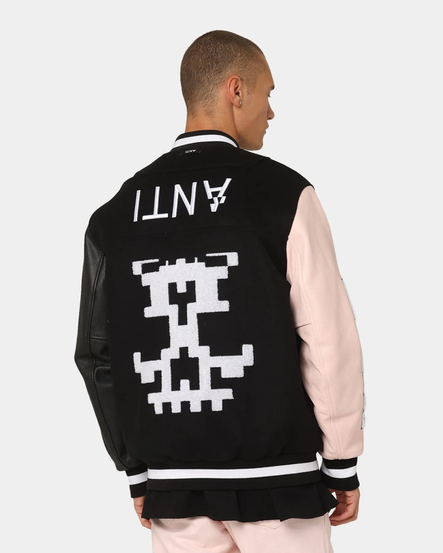 The Anti Order Dead Pixel Leather Varsity Jacket Black/Pink