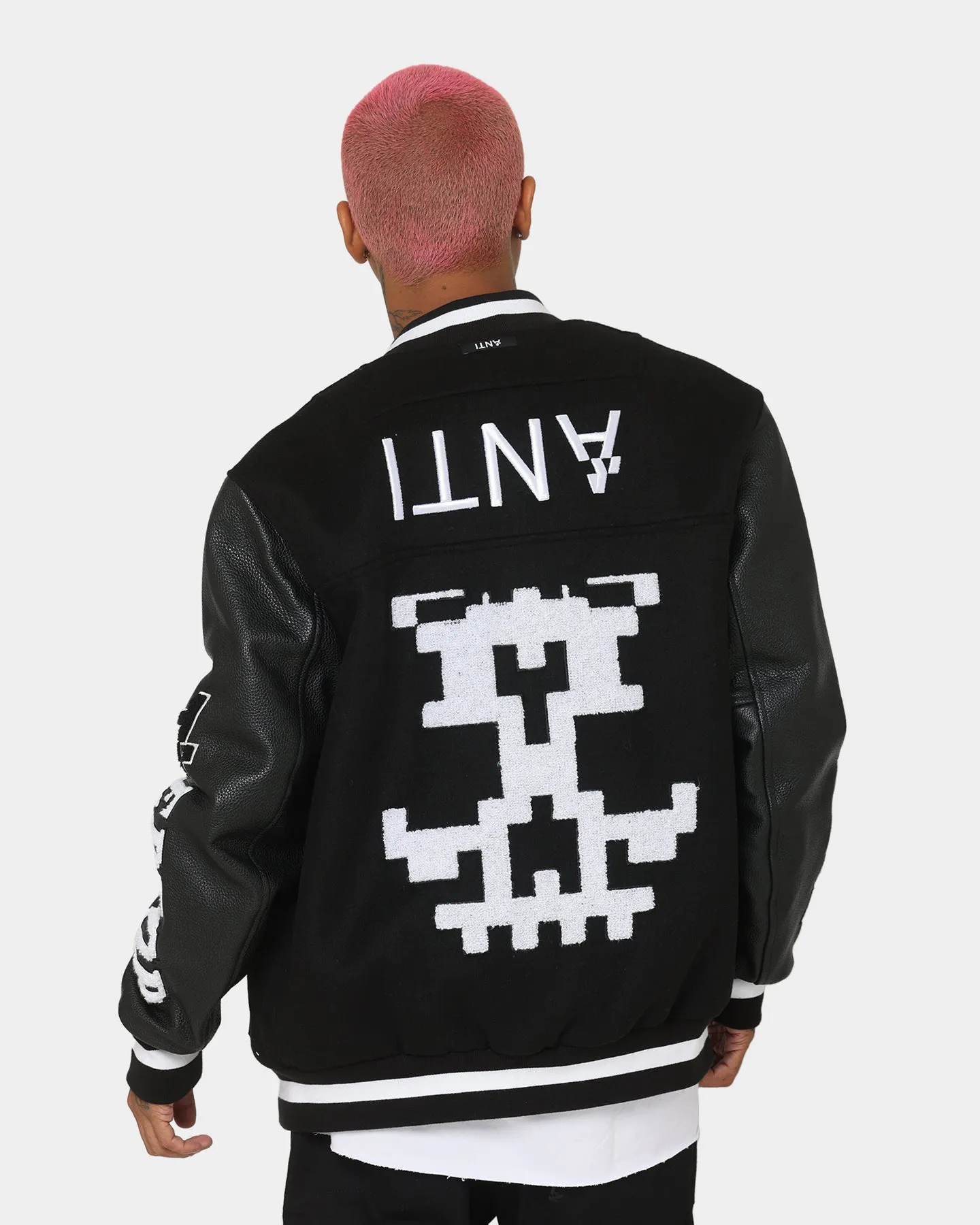 The Anti Order Dead Pixel Leather Varsity Jacket Black/White