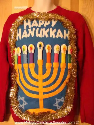 Ugly Christmas Sweater Party Hanukkah Sweater Mens with Menorah (j236)